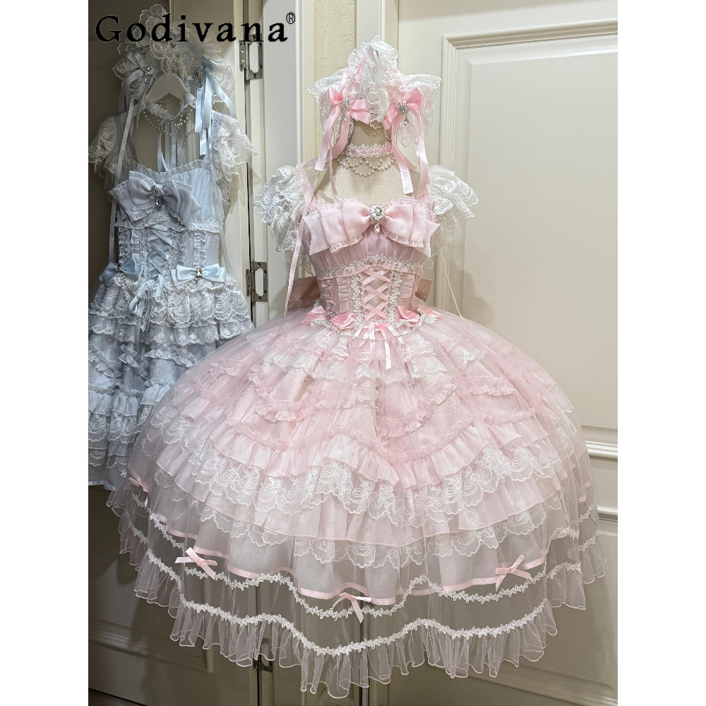 2025 Princess Style Lolita Sling Dress Girls Women's Pink Wedding Dress Set Jsk Ladies Sweet Bow