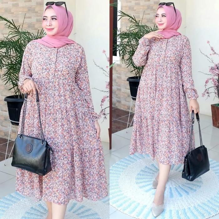 Midi Dress Ceruty Babydoll Long Tunik Motif Buanga Kecil by Mumu Fashion Wanita Gamis Dewasa Muslim