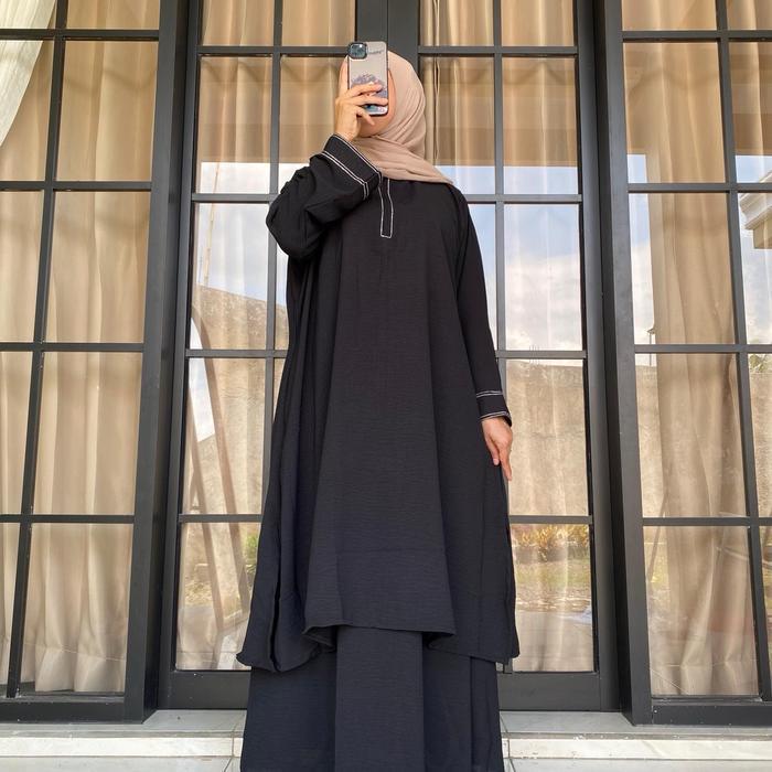 Fatimah Setelan Tunik Rok Muslim Abaya One Set Tunik Melayu Wanita Remaja Polo Linen Dan Crinkle