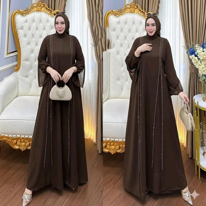 Melisha Dress Abaya Ceruti Terbaru 2026 Gamis Trendy Lebaran Mahogany Elegant Anggun Dress Kondangan