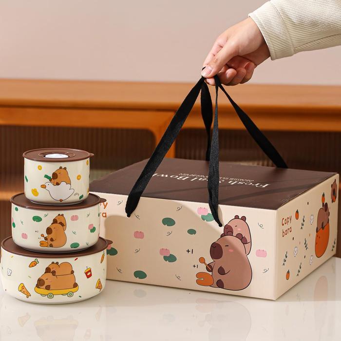 Three Piece Set Sealed Bowl Instant Noodle Bowl Set Gift Microwave / 3 Pcs Set Mangkok Tutup Seal