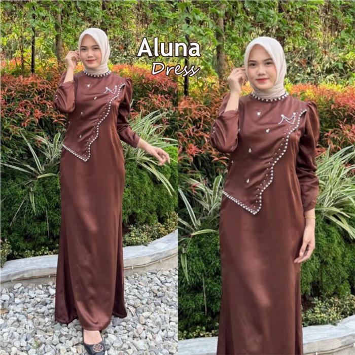 Dress Aluna Satin Viral Termurah Gamis Simpel Gamis Elegan Full Payet Dress Lebaran Pesta Kondangan