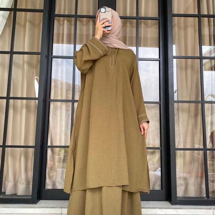 Fatimah Setelan Tunik Rok Muslim Abaya One Set Tunik Melayu Wanita Remaja Polo Linen Dan Crinkle