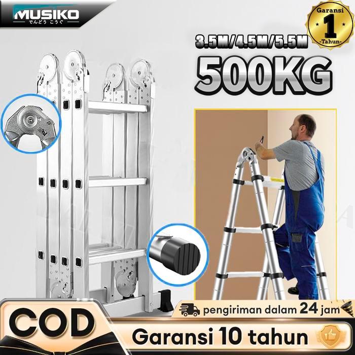 Tangga Lipat Aluminium Profesional MUSIKO Tangga Teleskopik/Rangka A/Tangga Multifungsi Untuk