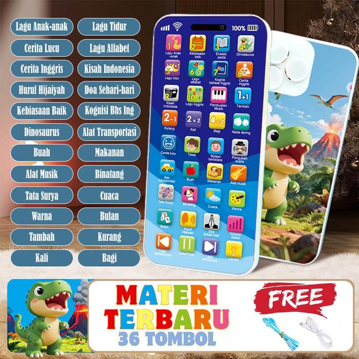 Mainan HP Edukasi Balita Baby Smart Phone Muslim Bersuara 36 Tombol Music Light Bisa Recharge USB