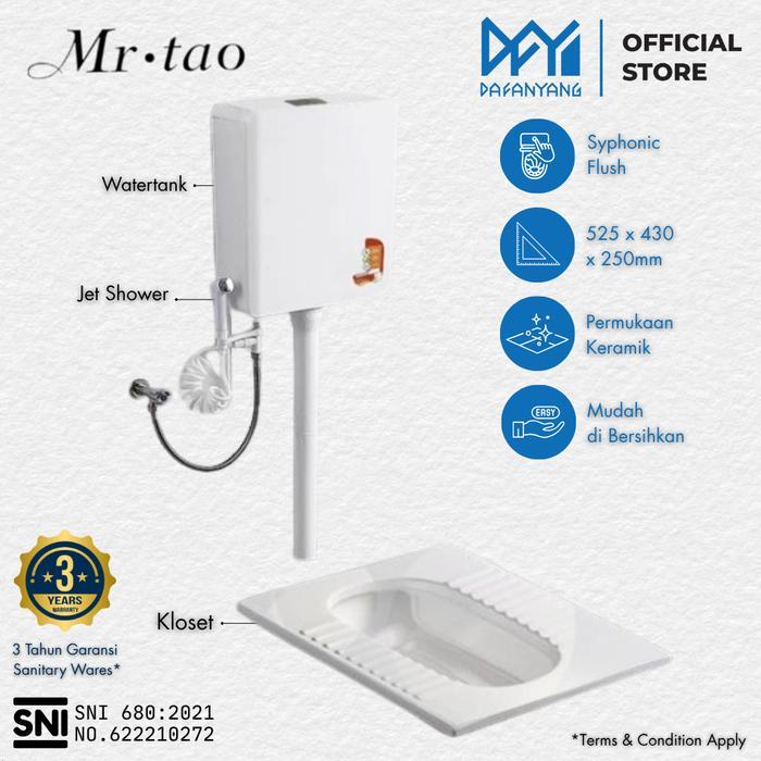 Kloset Jongkok Otomatis MR.TAO Set Watertank Flush – Closet Jongkok Keramik Putih Desain Modern Eleg