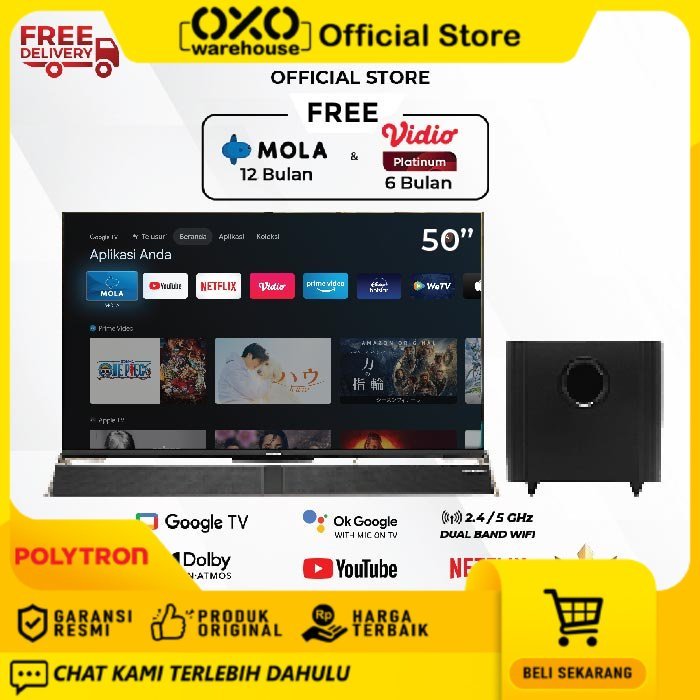 POLYTRON 4K UHD Smart Cinemax Soundbar  Google TV 50 Inch PLD 50BUG5959 Garansi Resmi 5 Tahun Suara 