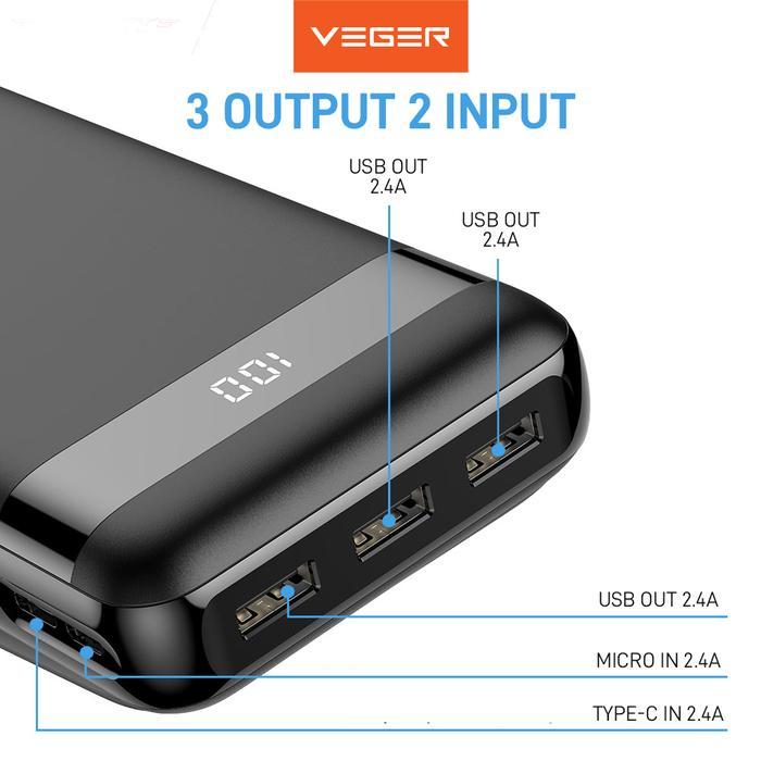 Veger Powerbank V31 30000Mah 3 Ports Usb Output 2.4A Indicator Led Digital Display Real Capacity