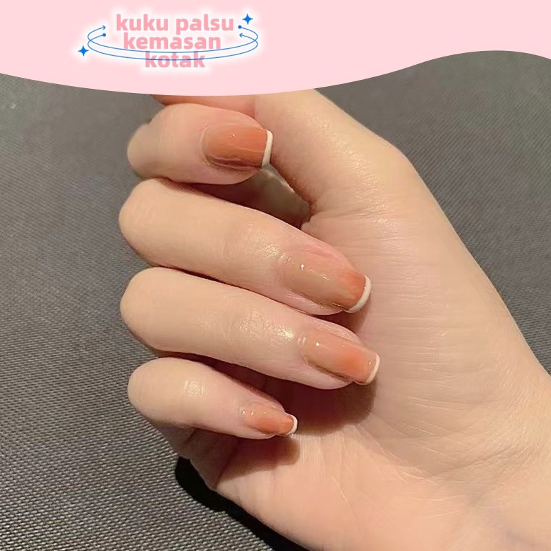 Kuku Palsu Gradien Peach dengan Ujung Putih Lembut Murah Meriah