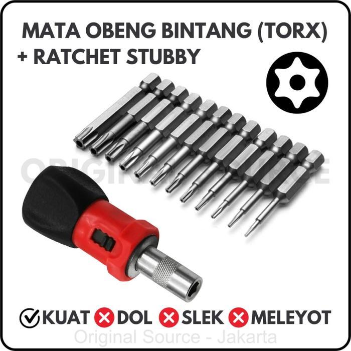 TERBARU Mata Obeng Bor Kunci Bintang Torx Set + Ratchet Stubby Hex Shank Magnetic Torx Bits