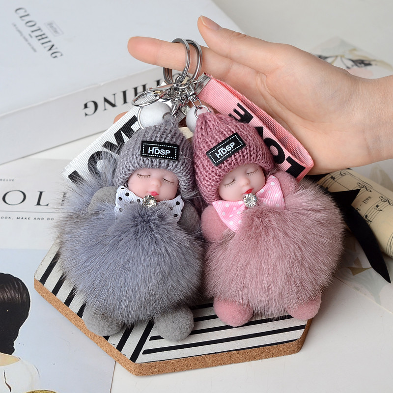 Pompom Sleeping Baby Keychain Cute Fluffy Plush Doll Keychains Women Girl Bags Keyrings Cars Key