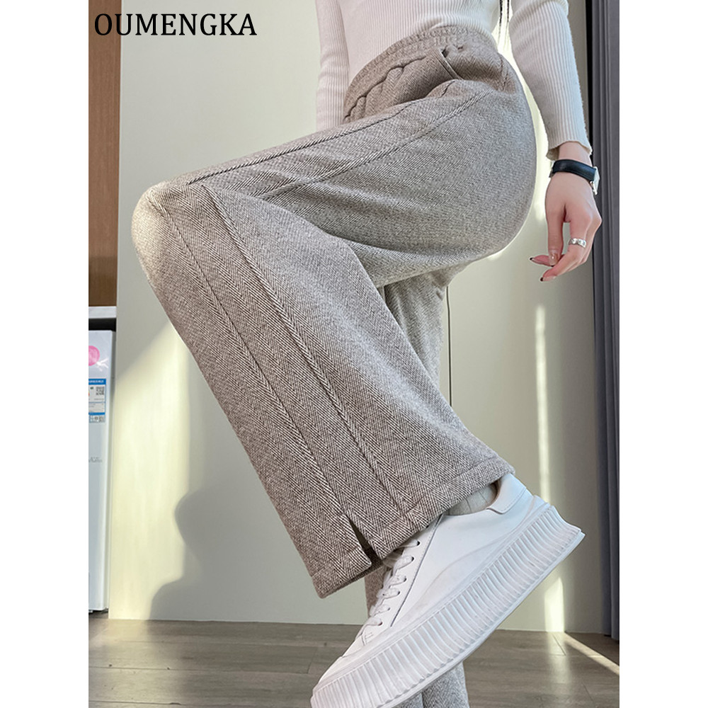 Herringbone Pants Women'S Staight Pants Autumn Winter High Waisted Casual Office Lady Trousers Thick