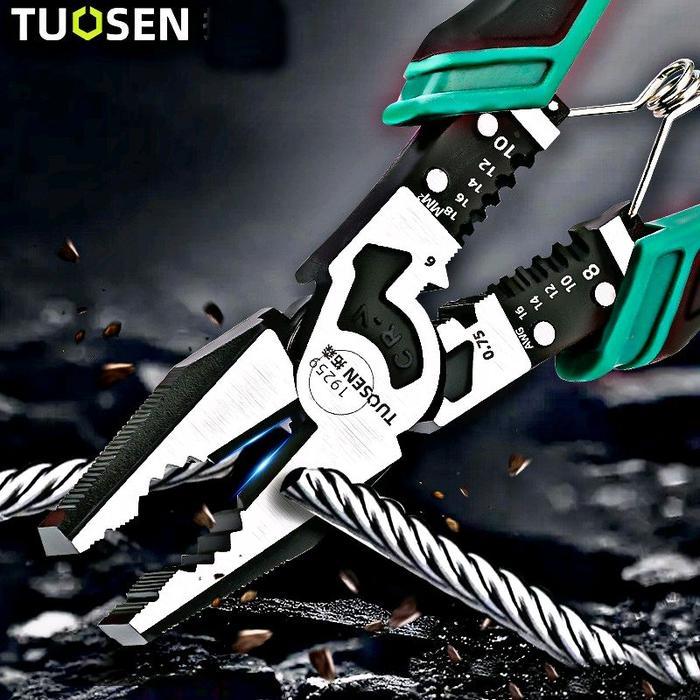 TUOSEN Tang Pemotong Kawat Listrik Multifungsi 9 Inci Pengupas Diagonal Bulat Alat Perbaikan Rumah