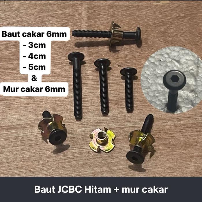 (1 set) Baut jcbc 3 ; 4 ; 5 cm + mur cakar 6mm baut hitam 3cm 4cm 5cm jcbc