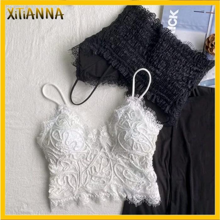 XT Tank Top Wanita Singlet Bralette Crop Top Spaghetti Strap Sport Bra Tanktop Motif Brukat BRA14