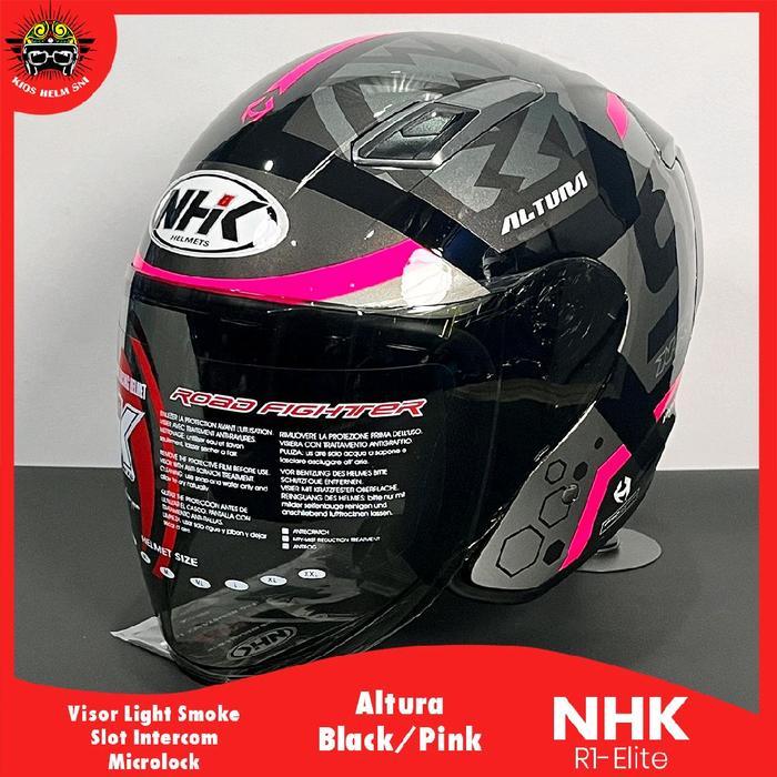 TERMURAH NHK Helm Motor Altura R1 e Black/Pink dengan Slot Interkom & Visor Light Smoke SNI