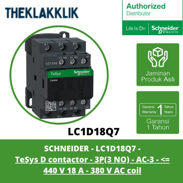Schneider - Lc1D18Q7 - Tesys D Contactor - 3P 3No - Ac-3 - 440 V 18 A - 380 V Ac Coil