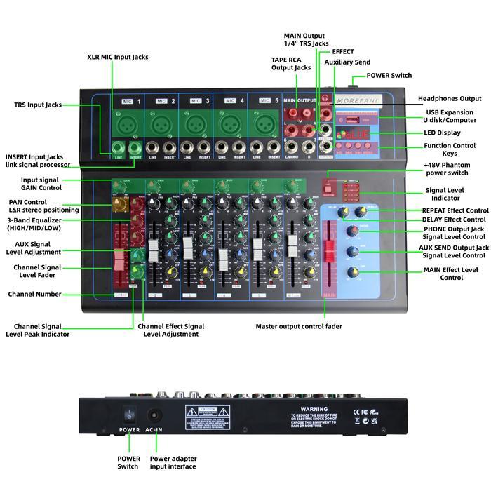 MOREFAND MIXER-F4/7 Professional Mixer, 4/7 channels, 3-band equalizer, equipped with Bluetooth,