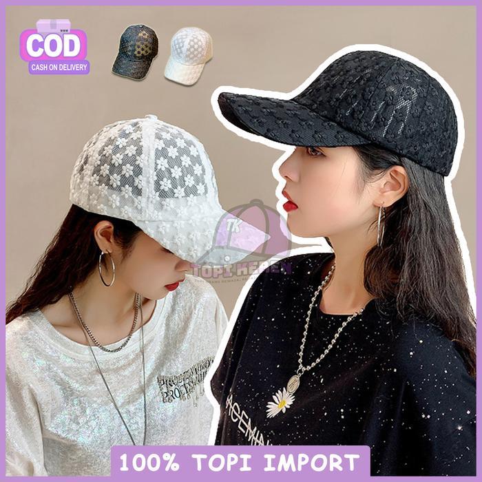 Topi Distro Pria Wanita Outfit Korea Baseball Cap Gaya Jepang Fashion Hitam Putih Casual Aksen Renda