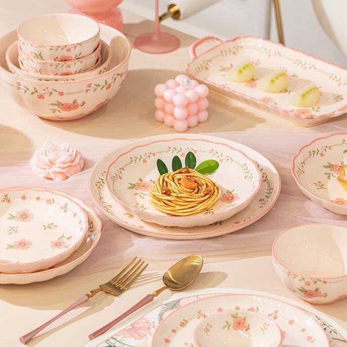 Piring Keramik Bloom Piring Mangkok Besar Peralatan Makan Keramik Mewah Motif Bunga Warna Pink Merah