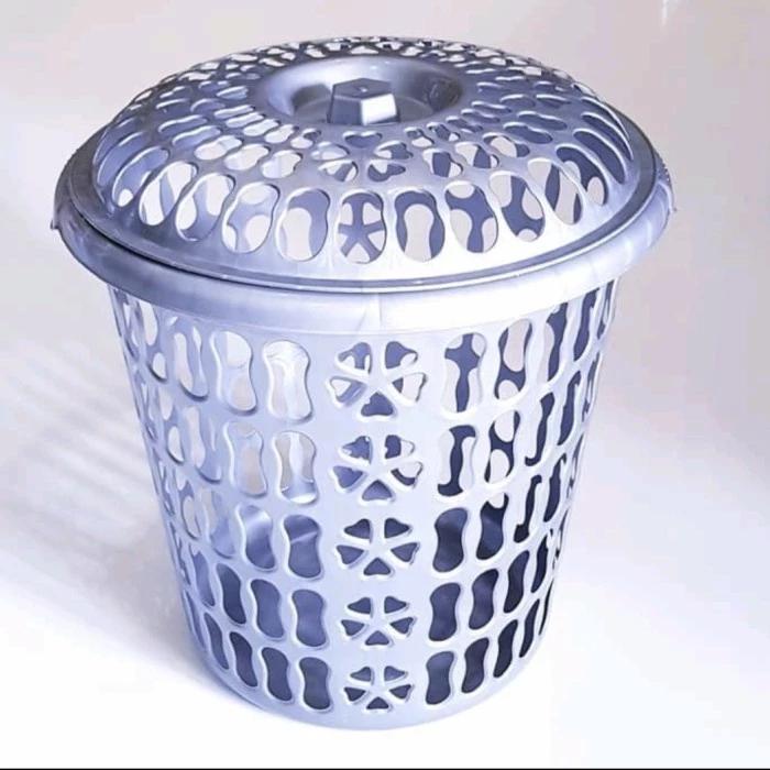 Keranjang Baju Bulat Pakai Tutup Keranjang Abu Plastik Laundry