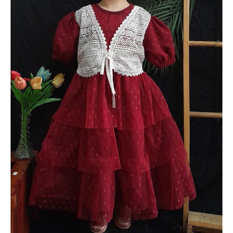 Dress Anak Perempuan Tutu Polkadot Tile Brukat Elegan Gaun Pesta Anak Lengan Puff Size 1-12 Tahun