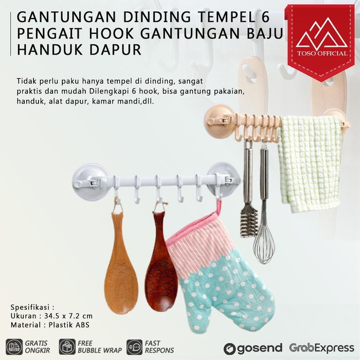 Gantungan Dinding Tempel 6 Pengait Hook Gantungan Baju Handuk Dapur
