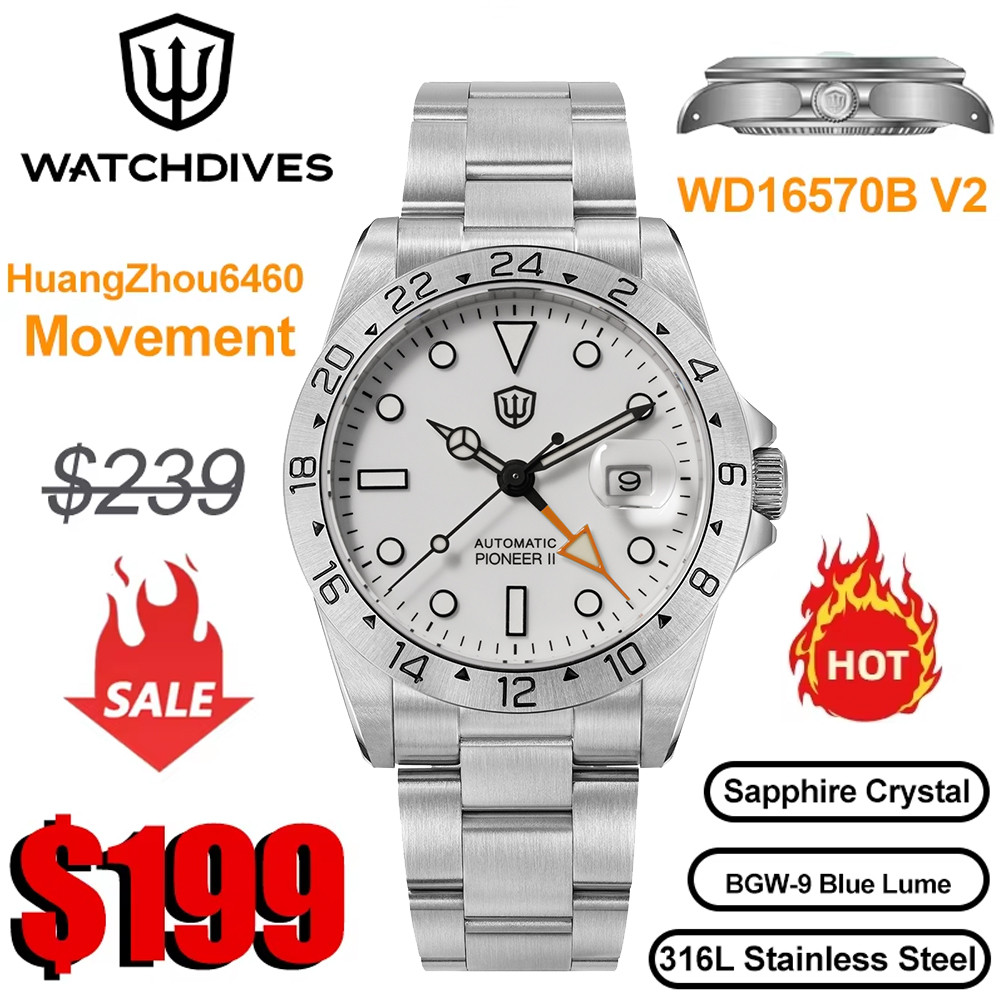 Watchdives WD0009B GMT Watch Huangzhou6460 Mechanical Automatic Watches Sapphire 20Bar Waterproof