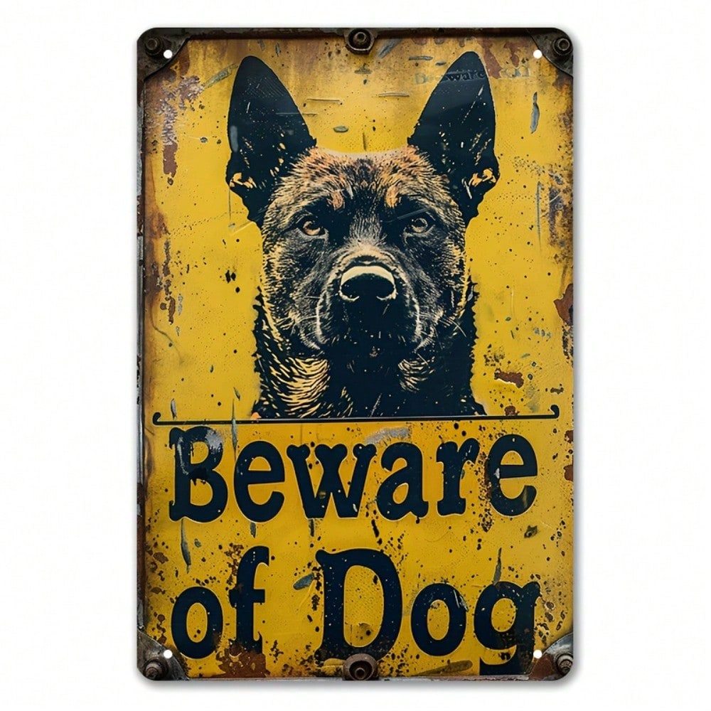 Vintage Beware of Dog German Shepherd Metal Sign Rustic Weathered Wall Decor Yellow Orange