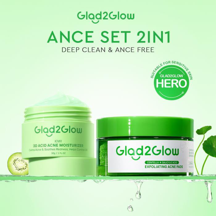 2in1/3pcsGLAD2GLOW PAKET JERAWAT: Centella Salicylic Acid Pad Eksfoliasi + Cleanser +Bonus Kiwi