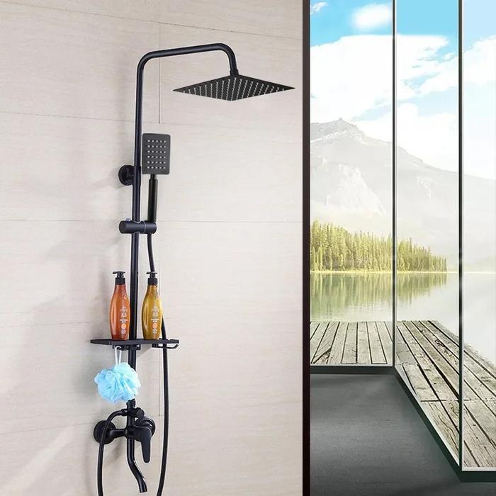 Shower Mandi 3 Way Set Shower Minimalis Tembaga Hitam dengan Kepala Shower Ganda & Keran Air (Hitam)