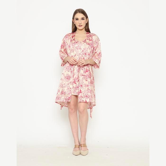 600619-Cynthia Kimono Set 2 In 1 Motif Bunga - Brown