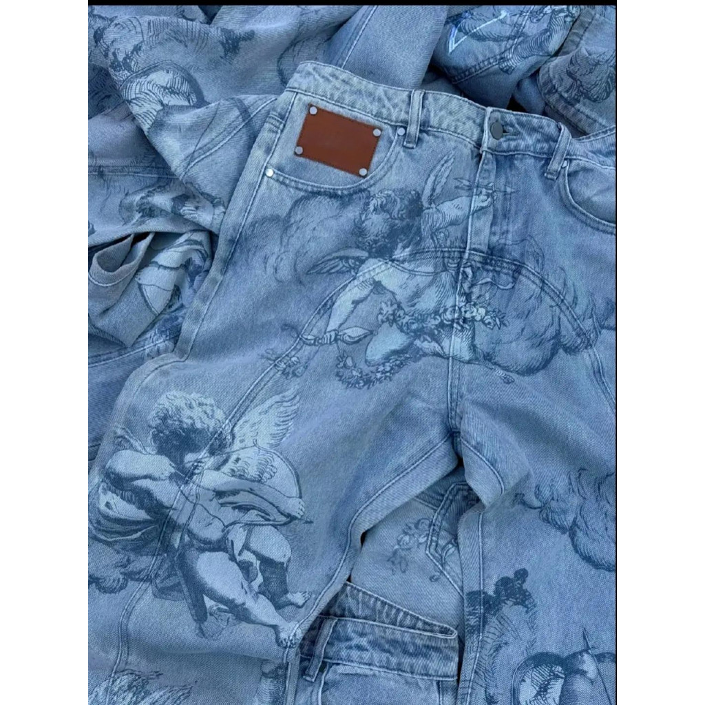 Y2K New Fashion Straight Pants Men Women Harajuku Retro Light Blue Jeans Streetwear Gothic Angel