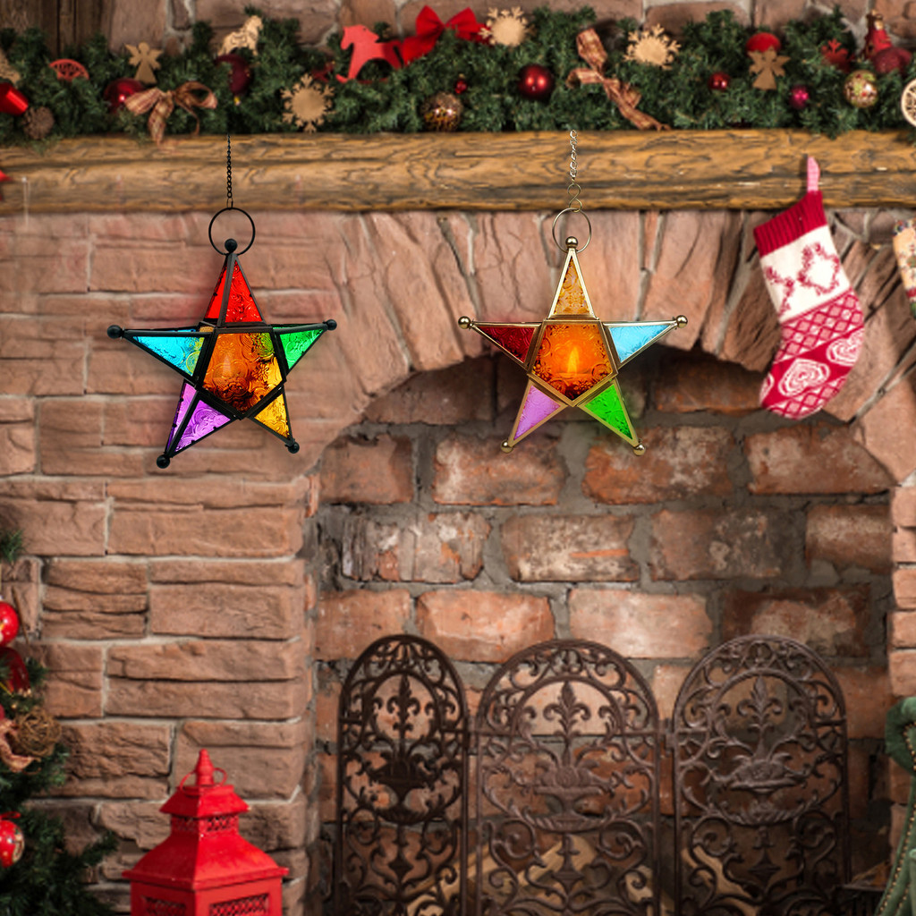 Tempat Lilin Lentera Kaca Warna-warni Gaya Besi Lentera Gantung Besi Maroko Tempat Lilin Retro Binta