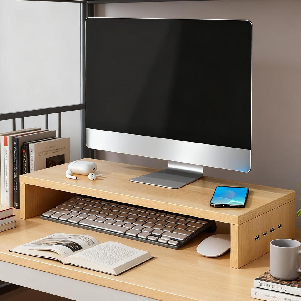 Monitor Stand Riser Ventilation Shelf Monitor riser with 4 USB ports Office Printer Stand wooden