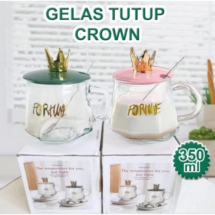 B ( B7 ) GELAS / MUG AESTHETIC TUTUP CROWN IMPORT + DUS / FREE SENDOK 350 ML Kaca Souvenir