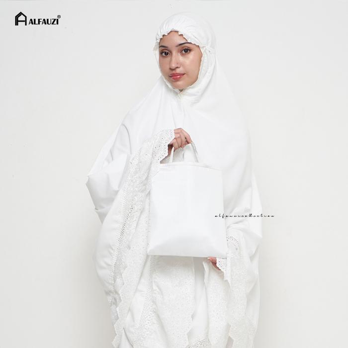 ALFAUZI - Mukena Dewasa Putih Polos Renda Bordir Mukena Aisyah Atasan Bawahan Katun Cream