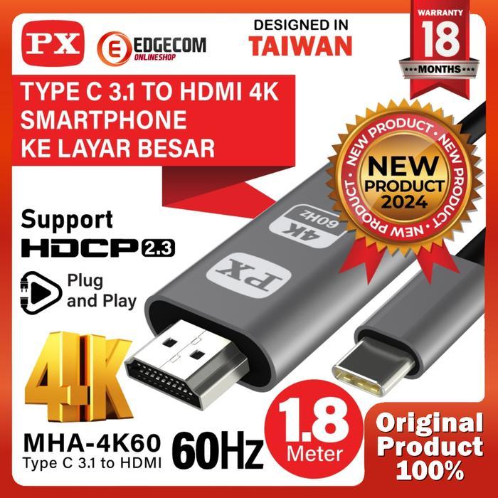USB Type C 3.1 to HDMI Converter Kabel MHL HP ke TV 4K 1.8M PX MHA-4K60 MURAH