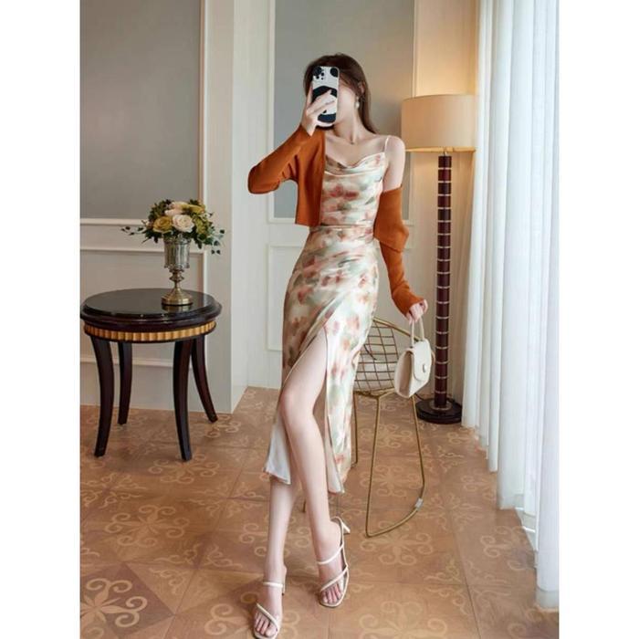 (452) Blue Floral Dress Biru Muda Summer Elegant Long Dress Pantai Wanita Korea Party Import Dress