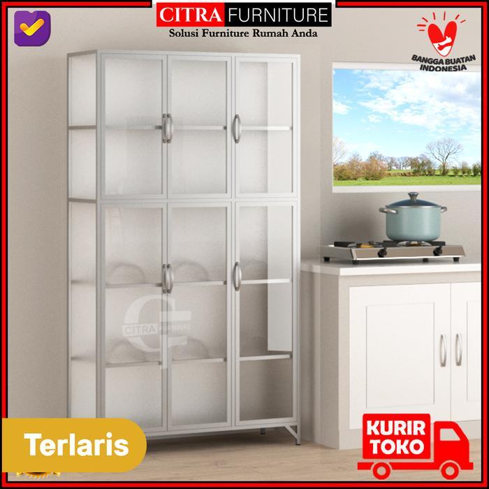 rak piring 3 pintu full kaca lemari sayur