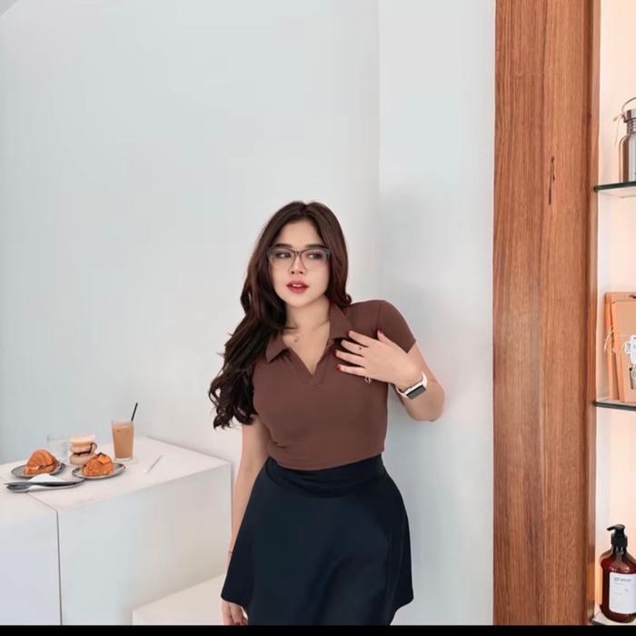 Poony Top Berkerah Rib Polos Atasan Wanita Terlaris