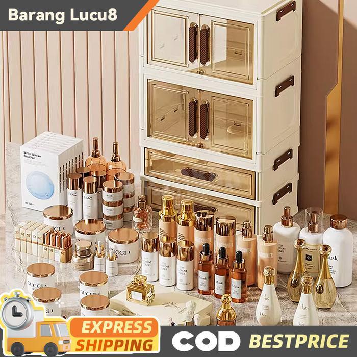Kotak penyimpanan kosmetik desktop tahan debu dengan laci, meja rias, lemari rak penyimpanan masker