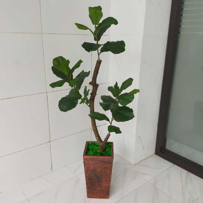 Pohon Ketapang Artificial Bunga Plastik Tinggi 100cm Lengkap Dengan Pot Dan Batuan Dqun 3 Cabang