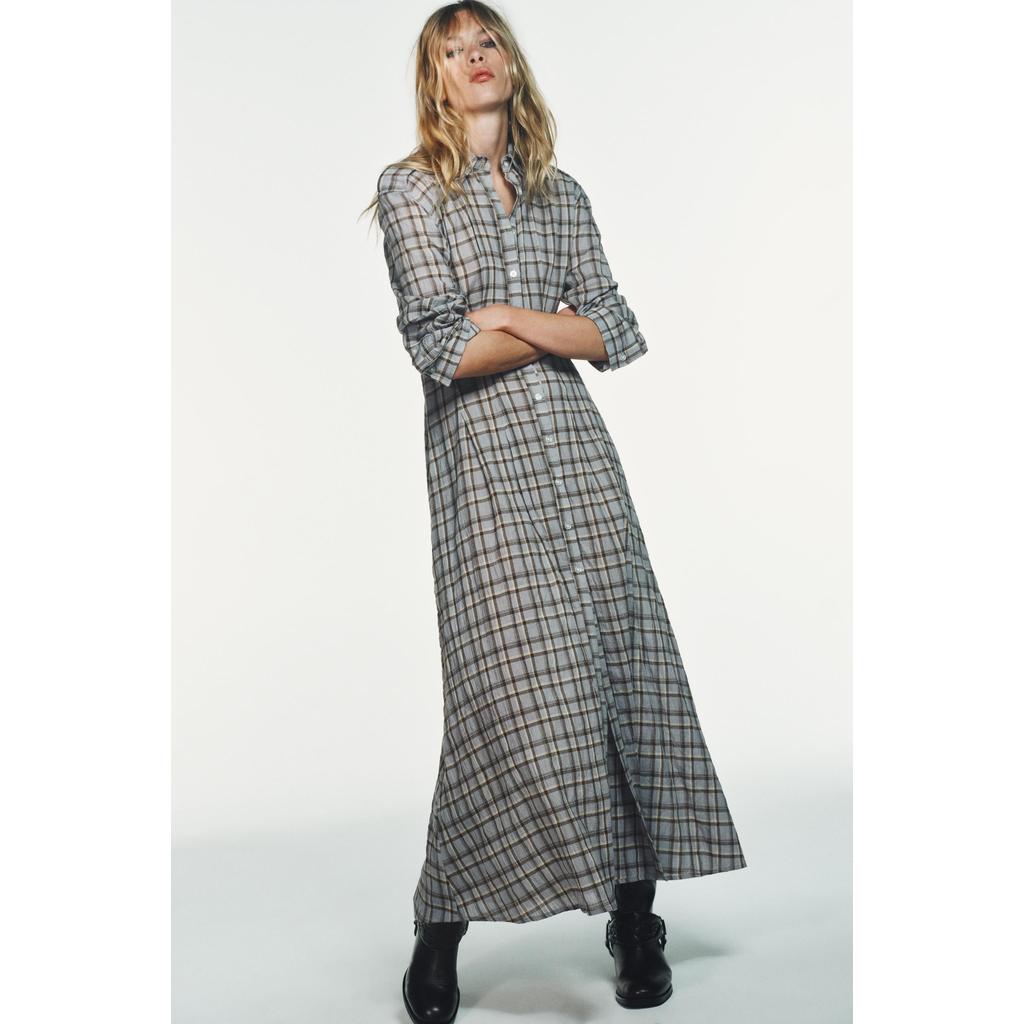 ZARA GAUN KEMEJA KOTAK-KOTAK GAUN MIDI MODEL KEMEJA YANG TERBUAT DARI BAHAN KATUN CAMPURAN