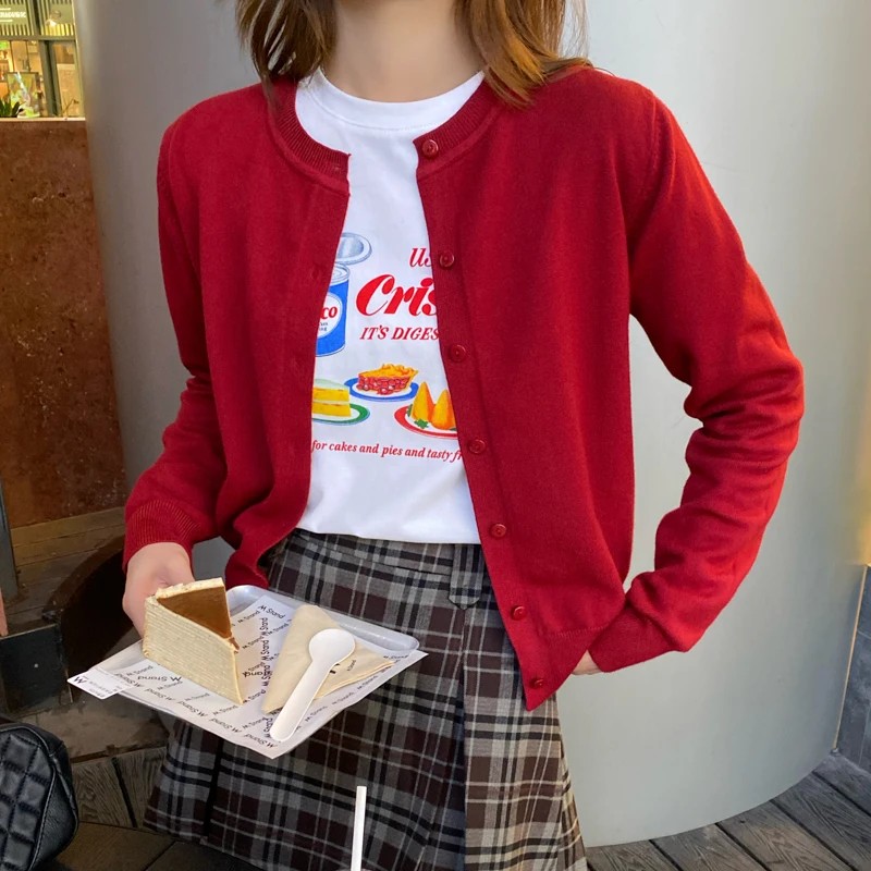 Sueter Feminino New Long Sleeve O-Neck Knitted Sweater Women Cardigans Black Red Knit Sweater