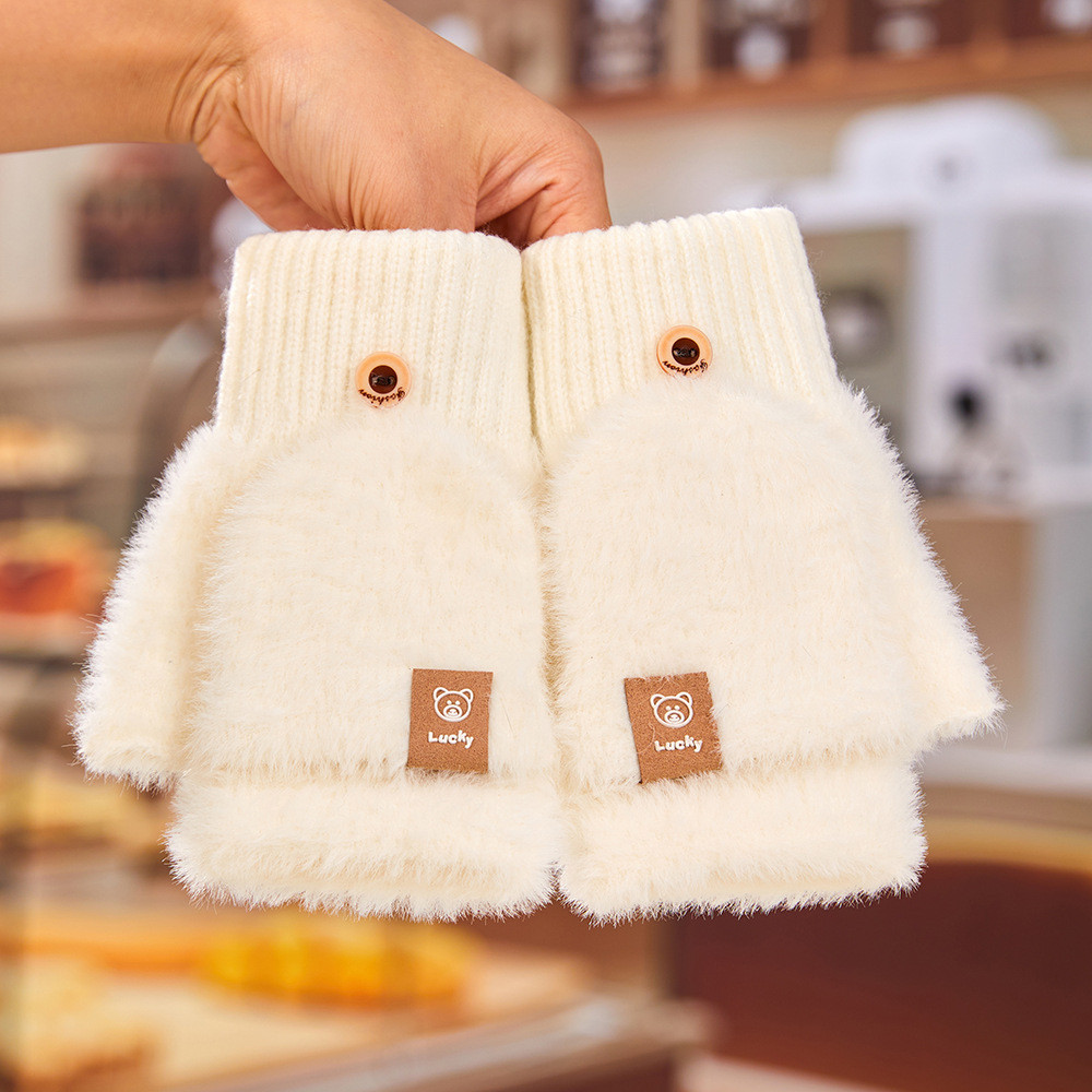 Women Fuzzy Gloves Winter Flip-Top Warm Fingerless Mittens Student Writing Thick Cute Bear Soft