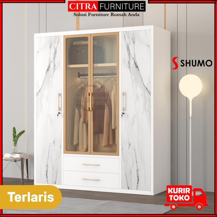 SHUMO Lemari Pakaian Besi 4 Pintu Extra Large Ayun Swing Minimalis Lampu LED | Lemari Baju Anti Jamu