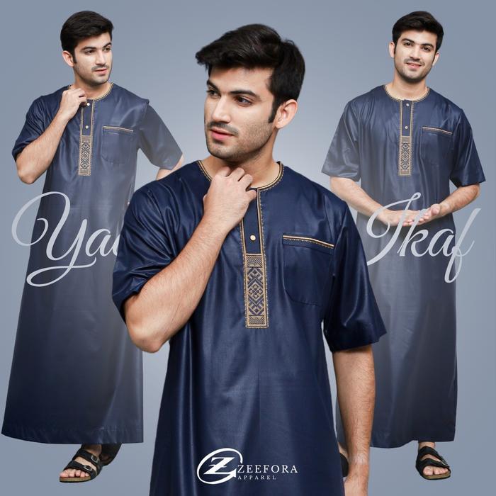 Zeefora Jubah Pria Ikaf Premium Yaqub Hitam Bordir Kancing Snap Lengan Pendek Kerah Oblong Dewasa