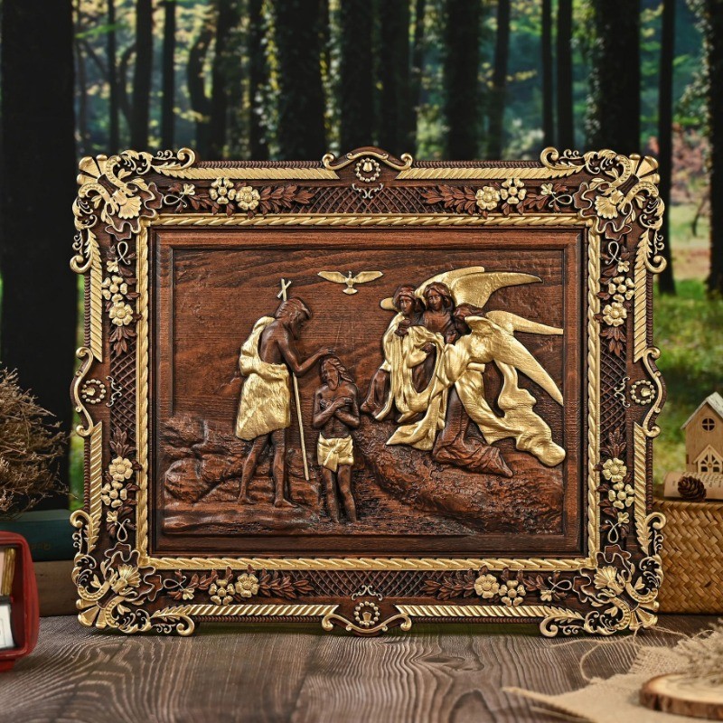 Handcrafted Wooden Relief Wall Art,Baptism of Jesus Scene Religious Carving Decorative Frame, Home