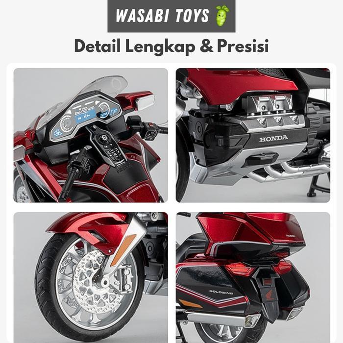 Diecast 1:11 Honda Goldwing Miniatur Motor (Fitur Lampu, Suara, Suspensi, Detail Realistik)